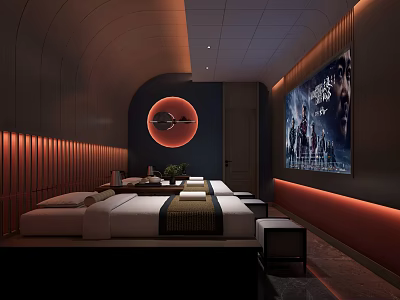 Modern SPA Sauna Interior With Comfortable Beds Circular Red Light Wall Art And Warm Lighting 3d model