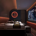 Modern SPA Sauna Interior With Comfortable Beds Circular Red Light Wall Art And Warm Lighting