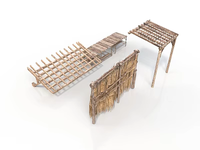 Garden Plants Support Structures With Wooden Trellis Lattice And Thatch Screens 3d model