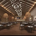 Traditional Restaurant Interior Design With Wooden Ceiling Rattan Chandeliers Dining Tables And Chairs