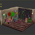 Cozy Indoor Reading Nook Interior With Bookshelves Red Armchairs Green Plant Rug And Lantern