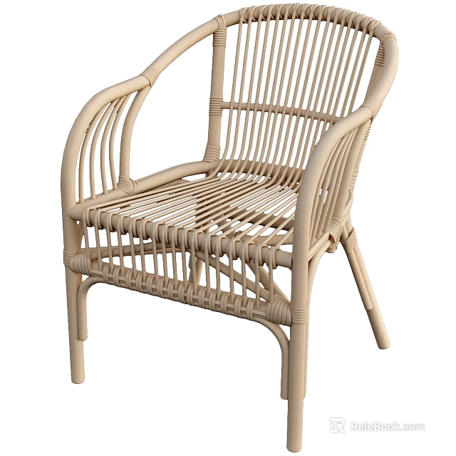 Modern Beige Rattan Dining Chair With Curved Armrests Woven Backrest And Seat Design 3d model 