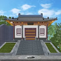Chinese Ancient Architecture With Traditional Roof Red Doors And Stone Steps Under Blue Sky