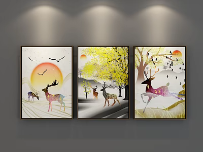 Three Panel Colorful Animal Paintings with Deer Birds Sunrise Trees and Snowy Landscape Wall Art 3d model