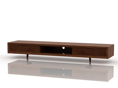 Modern Minimalist TV Stand With Brown Wooden Frame Woven Texture Open Shelf And Metal Legs 3d model