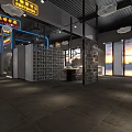 Hotpot Restaurant Modern Interior With Open Space Gray Walls Red Sculpture And Fireplace