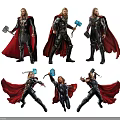 Game Movie Character Thor In Multiple Action Poses With Black Costume Red Cape And Hammer