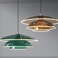 Modern Layered Pendant Lights With Green Glass Copper Frame And LED Edge Glow
