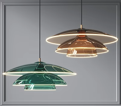 Modern Layered Pendant Lights With Green Glass Copper Frame And LED Edge Glow 3d model
