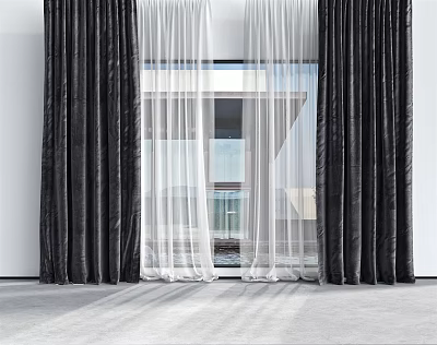 Black Thick Curtains With White Sheer Panels For Modern Interior Window 3d model