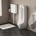 Modern White Ceramic Wall Mounted Urinals In Bathroom With Dark Tiled Floor And Cleaning Brush