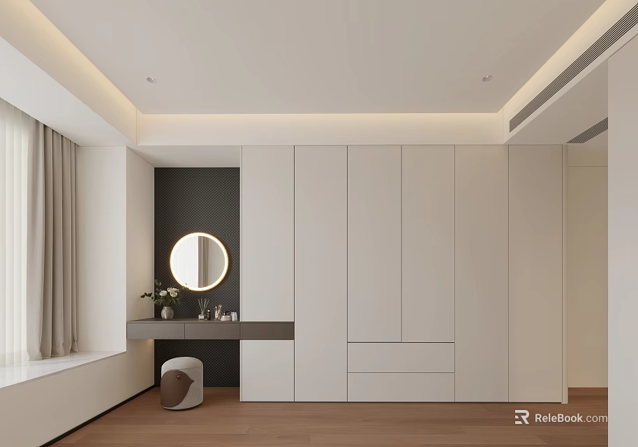 Modern Bedroom Interior With White Wardrobe Round Mirror Dressing Table And Wooden Floor 3d model 