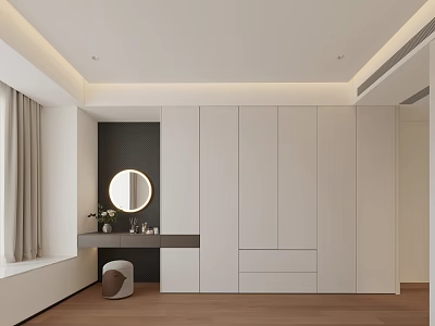 Modern Bedroom Interior With White Wardrobe Round Mirror Dressing Table And Wooden Floor 3d model