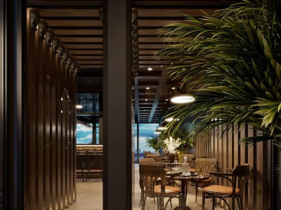 Modern Bar Interior Design With Ambient Lighting Wooden Furniture And Green Plants 3d model