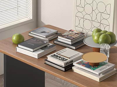 Stacks of Books Magazines on Wooden Table with Green Apples and Decorative Wall Art 3d model