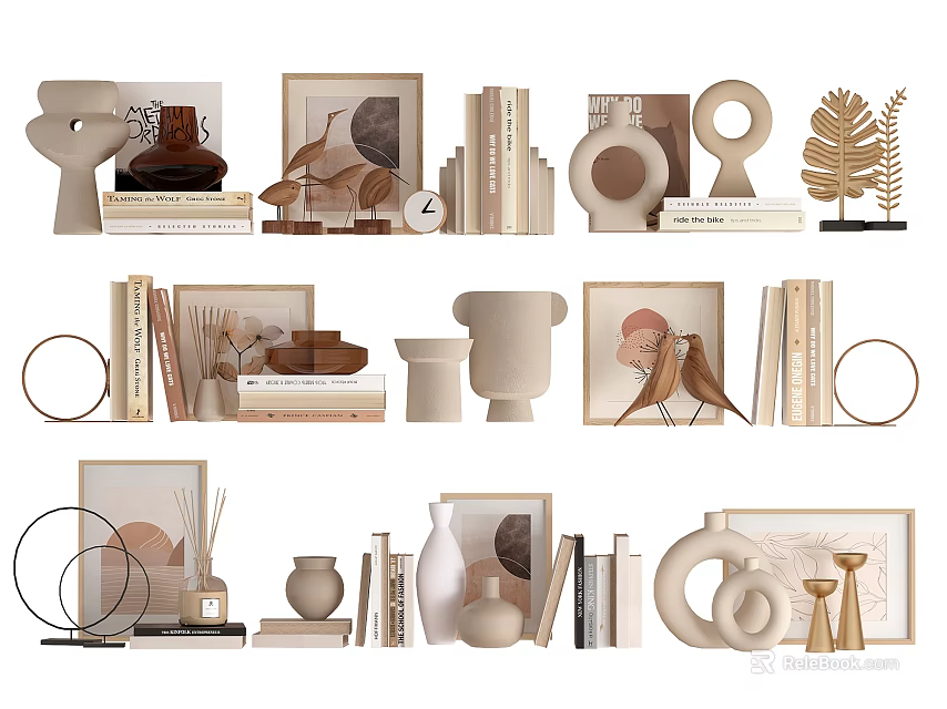 Minimalist Decorative Ornament Set With Vases Frames Sculptures Books Leaf Decor And Circular Rings 3d model 