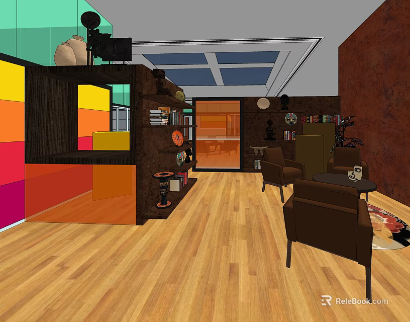 Vibrant Modern Office Interior Space Featuring Wooden Flooring Bookshelves Colorful Decor And Skylight Ceiling 3d model 