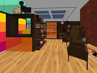 Vibrant Modern Office Interior Space Featuring Wooden Flooring Bookshelves Colorful Decor And Skylight Ceiling 3d model
