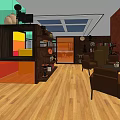 Vibrant Modern Office Interior Space Featuring Wooden Flooring Bookshelves Colorful Decor And Skylight Ceiling