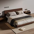 Modern Double Bed With Wooden Headboard Striped Bedspread Two Pillows Wooden Nightstands And Table Lamp