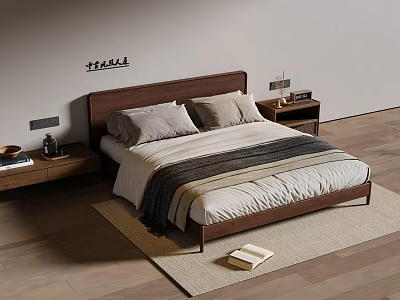 Modern Double Bed With Wooden Headboard Striped Bedspread Two Pillows Wooden Nightstands And Table Lamp 3d model