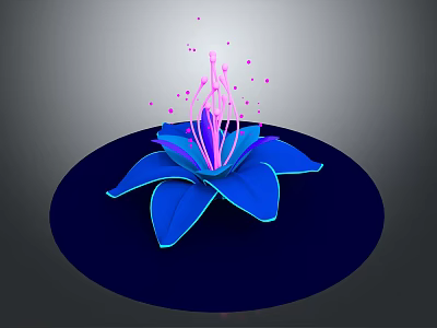 Blue Flower with Blue Petals Purple Stamen and Pink Dots on Dark Circular Base 3d model