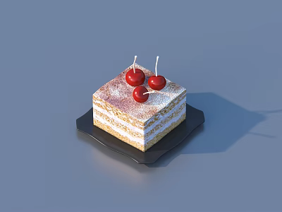 Layered Square Cake Topped With Fresh Red Cherries On Black Plate Against Blue Background 3d model
