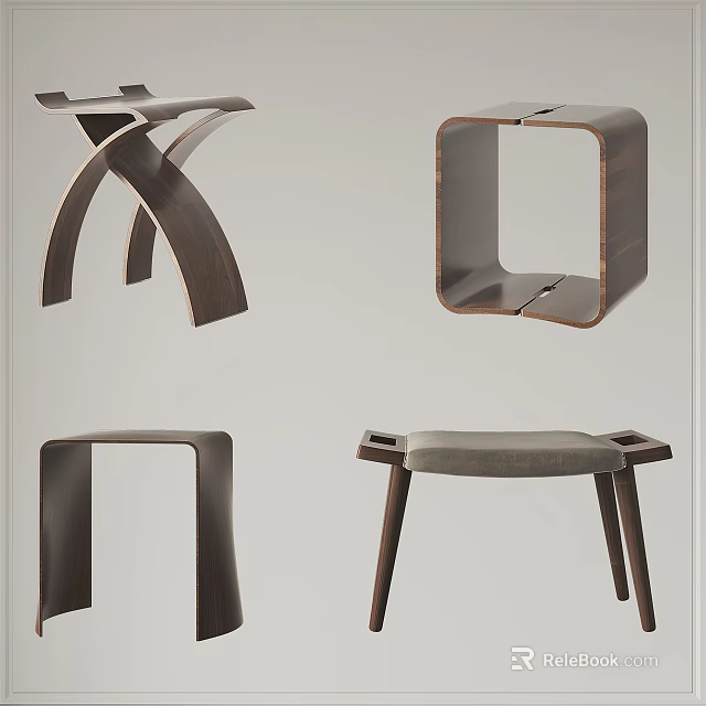 Modern Wooden Stools With Various Designs Including Cross Legs And Square Frames 3d model 