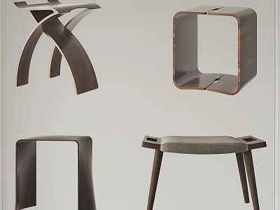 Modern Wooden Stools With Various Designs Including Cross Legs And Square Frames 3d model