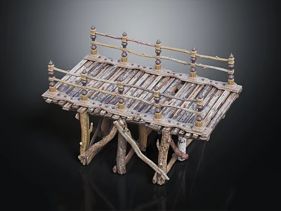 Miniature Wooden Bridge Model With Decorative Railings And Branch Like Supports 3d model