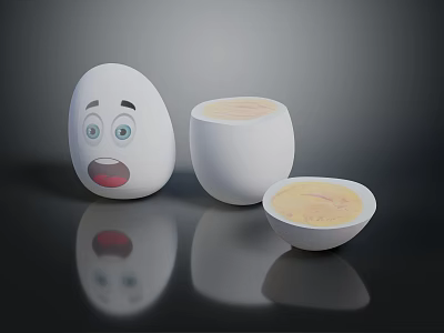 Cute Egg Shaped Decorative Ornament Set With Facial Expression White Ceramic Bowls And Yellow Interior 3d model