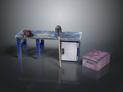 Blue Leg Workbench Setup With Hammer Tools Cabinet And Pink Storage Box 3d model