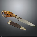 Antique Weapon Knife With Intricately Carved Horn Handle And Dark Wooden Sheath