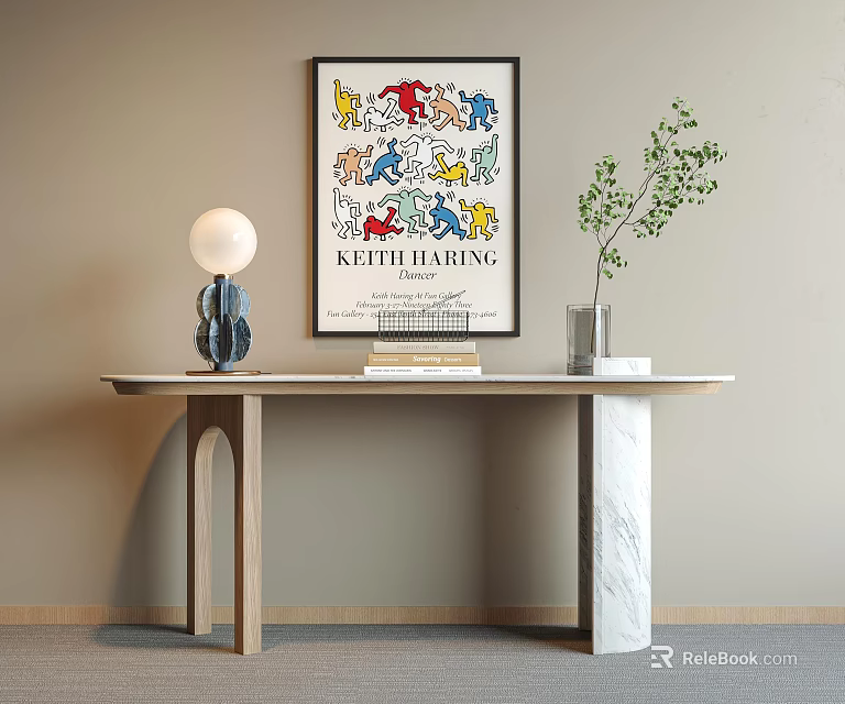 Elegant Console Table Interior With Keith Haring Wall Art Table Lamp Vase And Books 3d model 