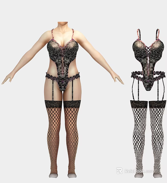 Model in Sexy Black Lace Bra Corset Panties and Fishnet Stockings Outfit 3d model 