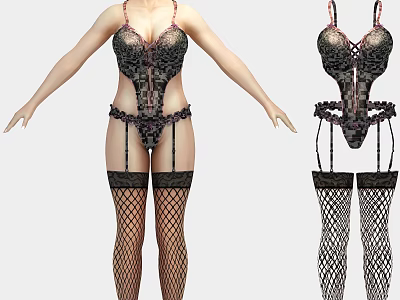 Model in Sexy Black Lace Bra Corset Panties and Fishnet Stockings Outfit 3d model