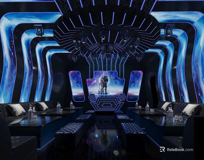 Futuristic KTV Lounge Interior Design With Blue Lighting Starry Backdrop Sofas And Tables 3d model