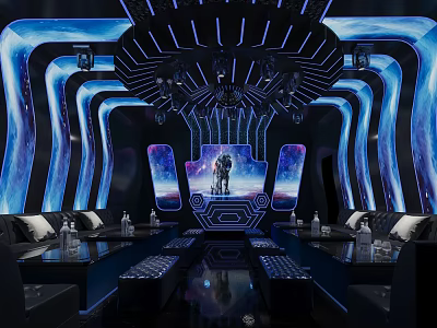 Futuristic KTV Lounge Interior Design With Blue Lighting Starry Backdrop Sofas And Tables 3d model
