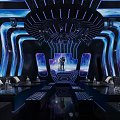 Futuristic KTV Lounge Interior Design With Blue Lighting Starry Backdrop Sofas And Tables