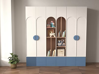 Modern White and Blue Wardrobe with Round Blue Accents Open Shelves and Decorative Items 3d model