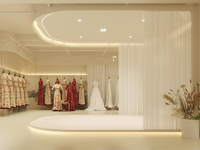 Bridal Wedding Dress Shop With Various Hanging Gowns And Elegant Interior Design 3d model