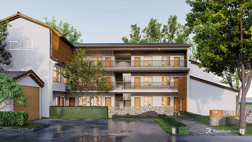 Traditional Detached Villa With Wooden Accents Balconies And Tree Surrounded Courtyard 3d model 