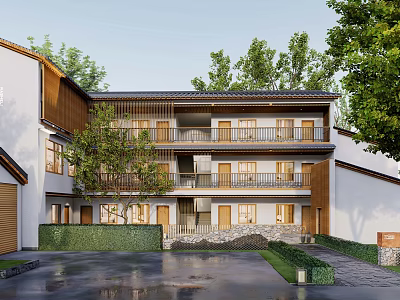 Traditional Detached Villa With Wooden Accents Balconies And Tree Surrounded Courtyard 3d model