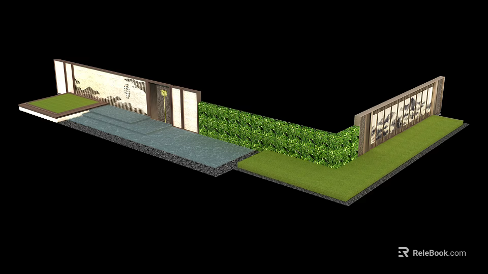 Elegant Landscape Feature Wall With Green Hedge And Stone Path Design 3d model