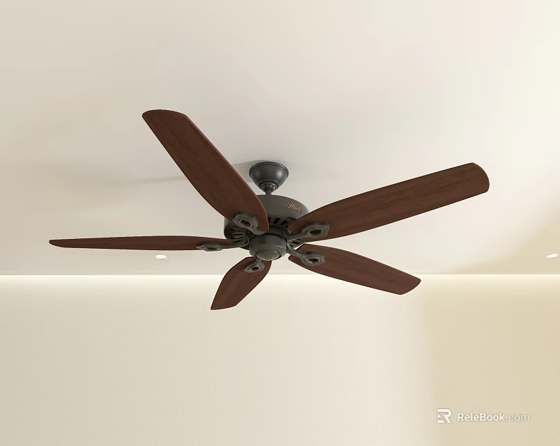 Ceiling Fan with Light Fixture Featuring Wooden Blades Black Motor and Recessed Ceiling Lights 3d model 