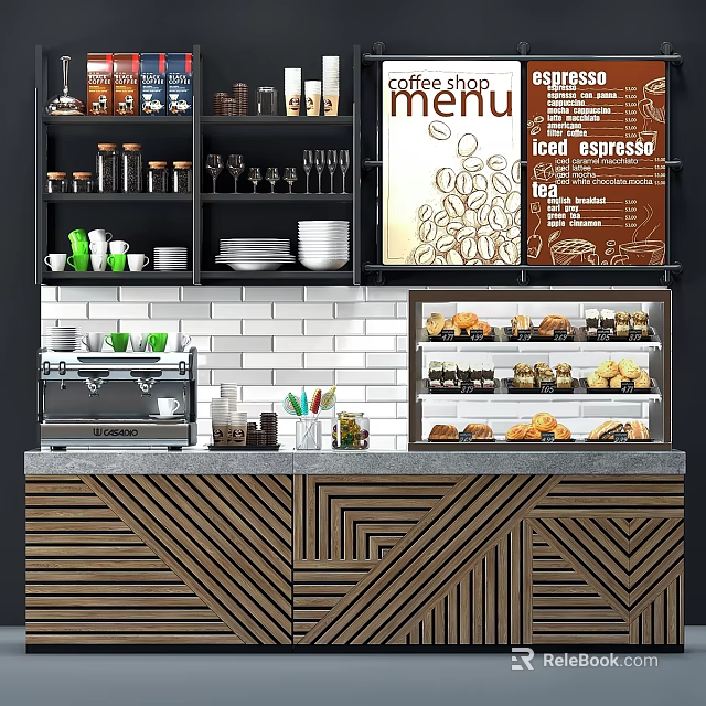 Commercial Kitchen Equipment with Coffee Machine Pastry Display Case Menu Board and Shelves 3d model 