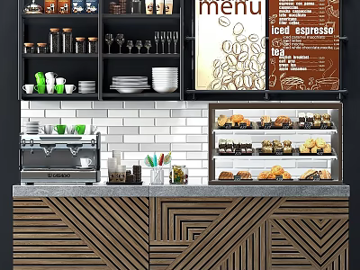 Commercial Kitchen Equipment with Coffee Machine Pastry Display Case Menu Board and Shelves 3d model
