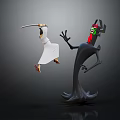 Sword Wielding Character Jumping Near Black Creature With Green Face And Red Comb