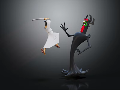 Sword Wielding Character Jumping Near Black Creature With Green Face And Red Comb 3d model