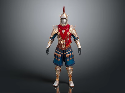 Medieval Knight Armor With Red Blue Gold Decorative Plates And Helmet 3d model